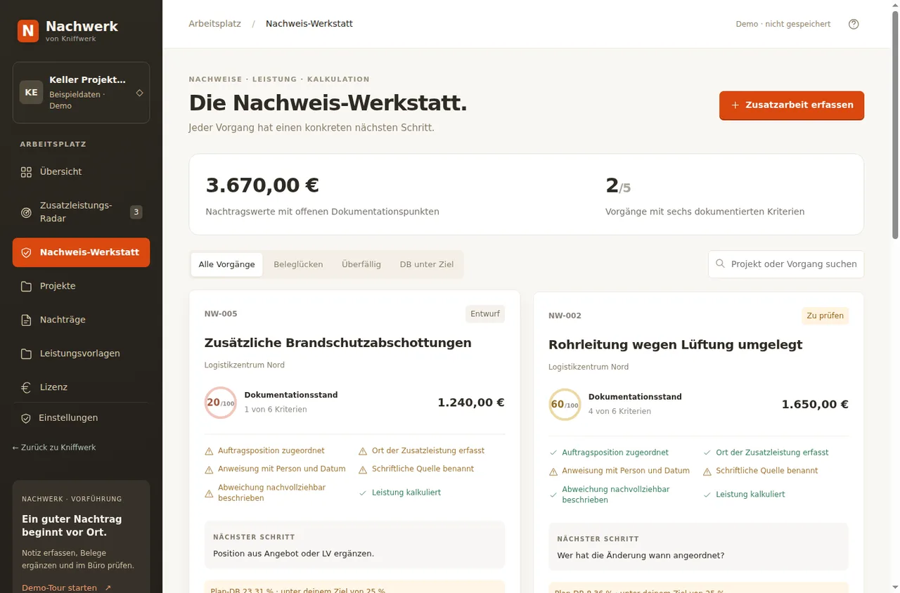 Nachweis-Werkstatt: je Vorgang der Dokumentationsstand mit sechs Kriterien und dem nächsten Schritt