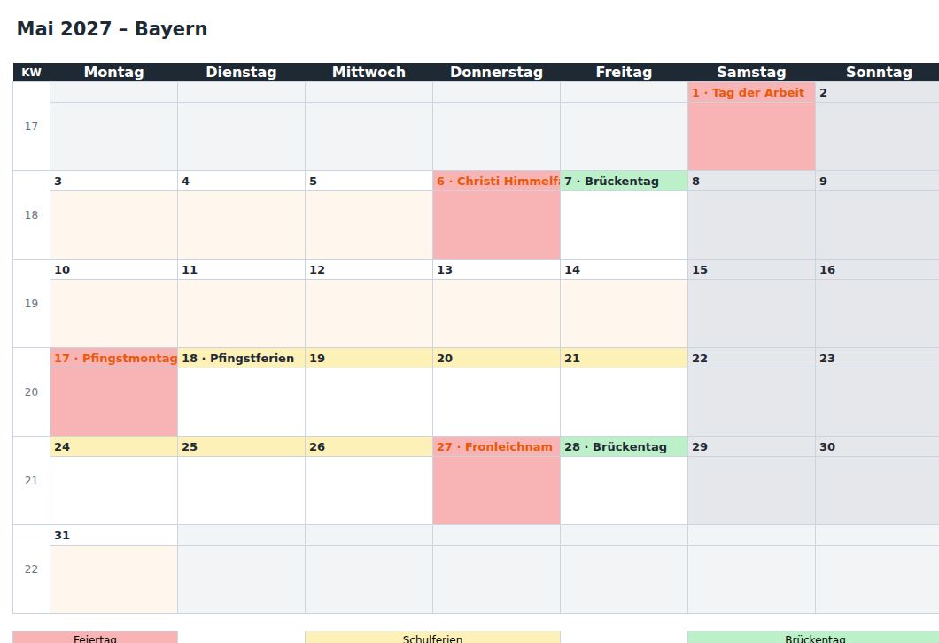 Excel-Kalender, Blatt Mai 2027: sieben Spalten von Montag bis Sonntag, unter jedem Datum ein Feld zum Eintragen, Feiertage rot, Schulferien gelb, Brückentage grün, Kalenderwochen am Rand