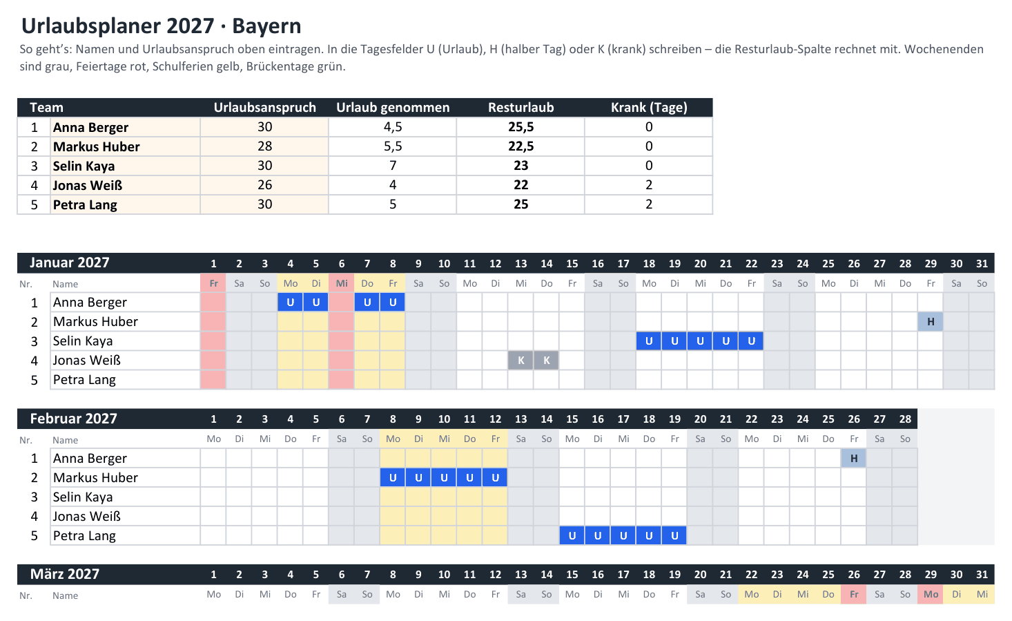 Urlaubsplaner 2027 in Excel: Übersicht mit Resturlaub und Monatsblättern mit farbig markierten Feiertagen und Ferien